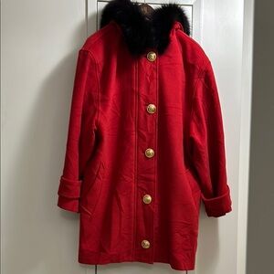 Electre Paris Elegant Red Coat with  Fur Collar